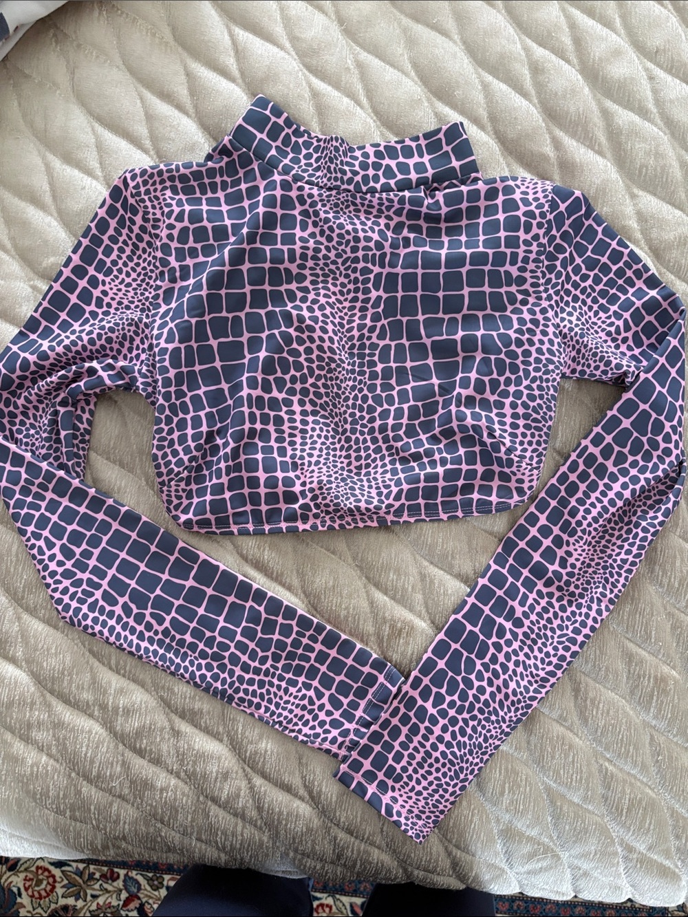 Edikted Pink and Navy Cropped Long Sleeve Mock Neck Top